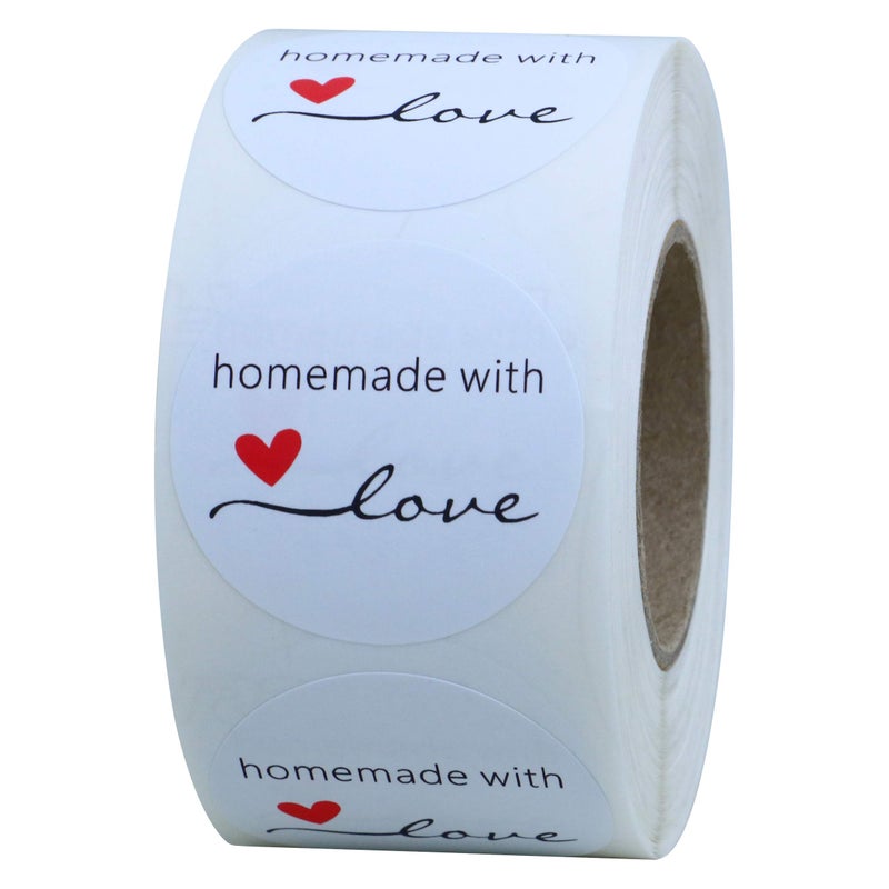 Hybsk White Gloss Homemade with Love Stickers 1.5" Inch Round Total 500 Adhesive Labels Per Roll (White Gloss) - Image 1